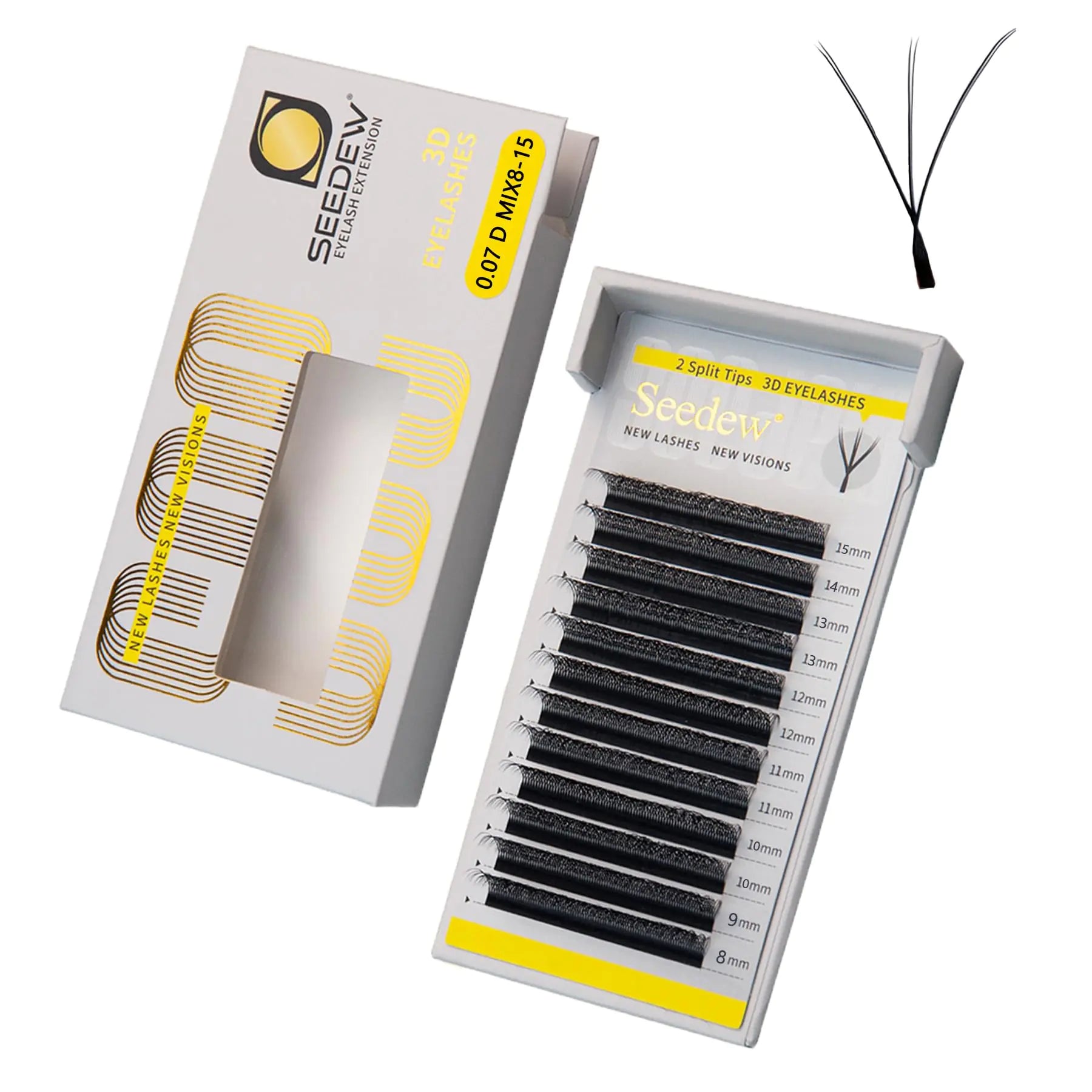 SEEDEW 3D-Double Tips Lash Extensions 0.07mm D Curl MIX8-15mm 12 Rows/Tray W Shape 3DD Flat Stem PBT Natural Eyelashes for Beginner Artist Lash Tech Beauty Salon(3DD-Matte Black-0.07-D-MIX8-15mm)