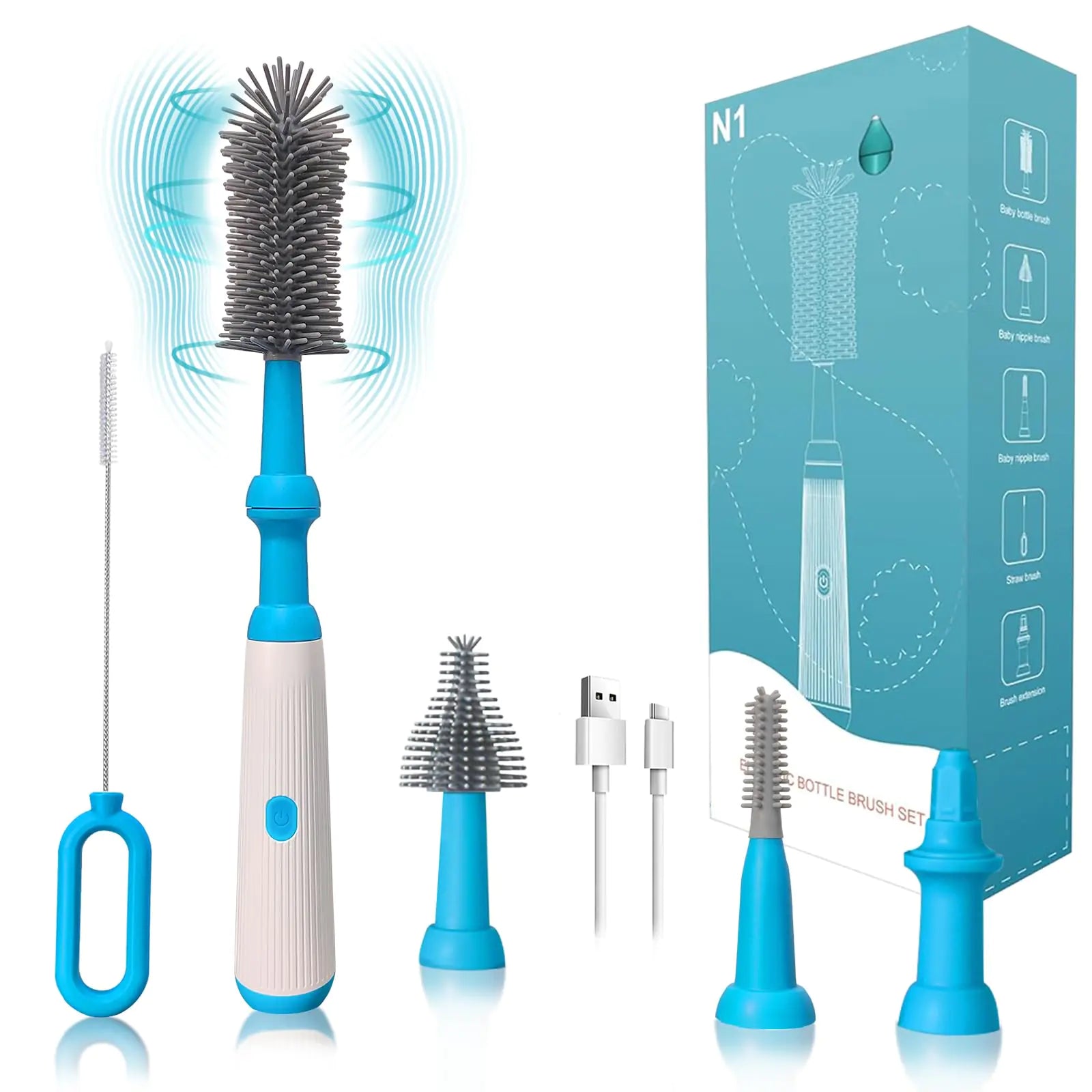 Electric Bottle Brush Cleaner Set Waterproof Electric Baby Bottle Brush with 4 Piece Silicone Brush for BottlePacifierStraw Multifunctional Water Bottle Brush Cleaner for New Moms 1500mAh(Blue)