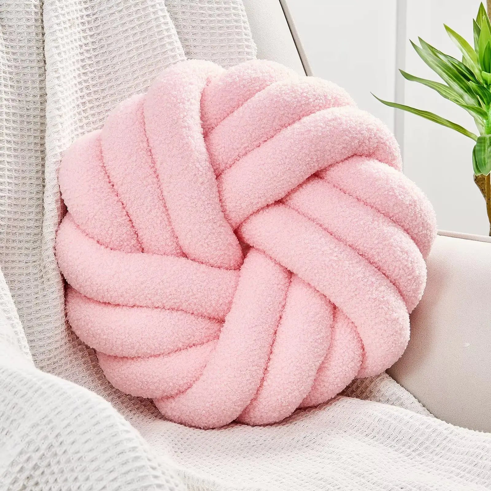 Uvvyui Knot Pillows 14 Inch Decorative Throw Pillows Round Pillows Cushion Soft Handmade Knotted Ball Pillow Plush Cushion Home Decor for Bed Couch Living Room (Pink 14 Inch)