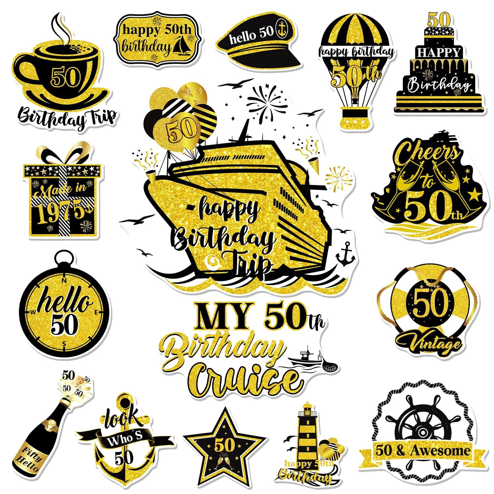 Cosmisun Cruise Door Decorations Magnetic - 16 PCS 50th Birthday Cruise Door Magnets Vintage 1975 Cruise Ship Door Decorations Magnet for Cheers to 50 Years Birthday Carnival Cabin Refrigerator