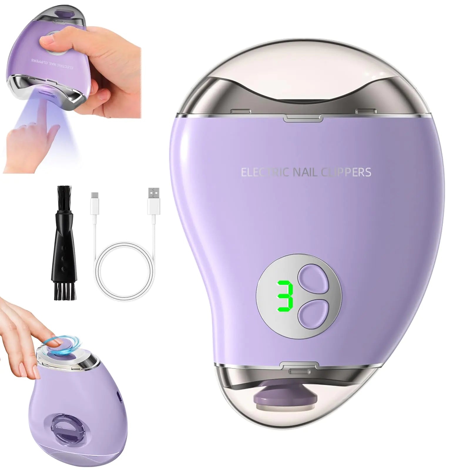 2 in 1 Electric Polishing Automatic Nail Clippers Automatic Electric Nail Clipper Electric Toe Nail Clippers for Adults Seniors 3 Adjustable Speeds LCD Digital Displaywith LED Light (Purple)