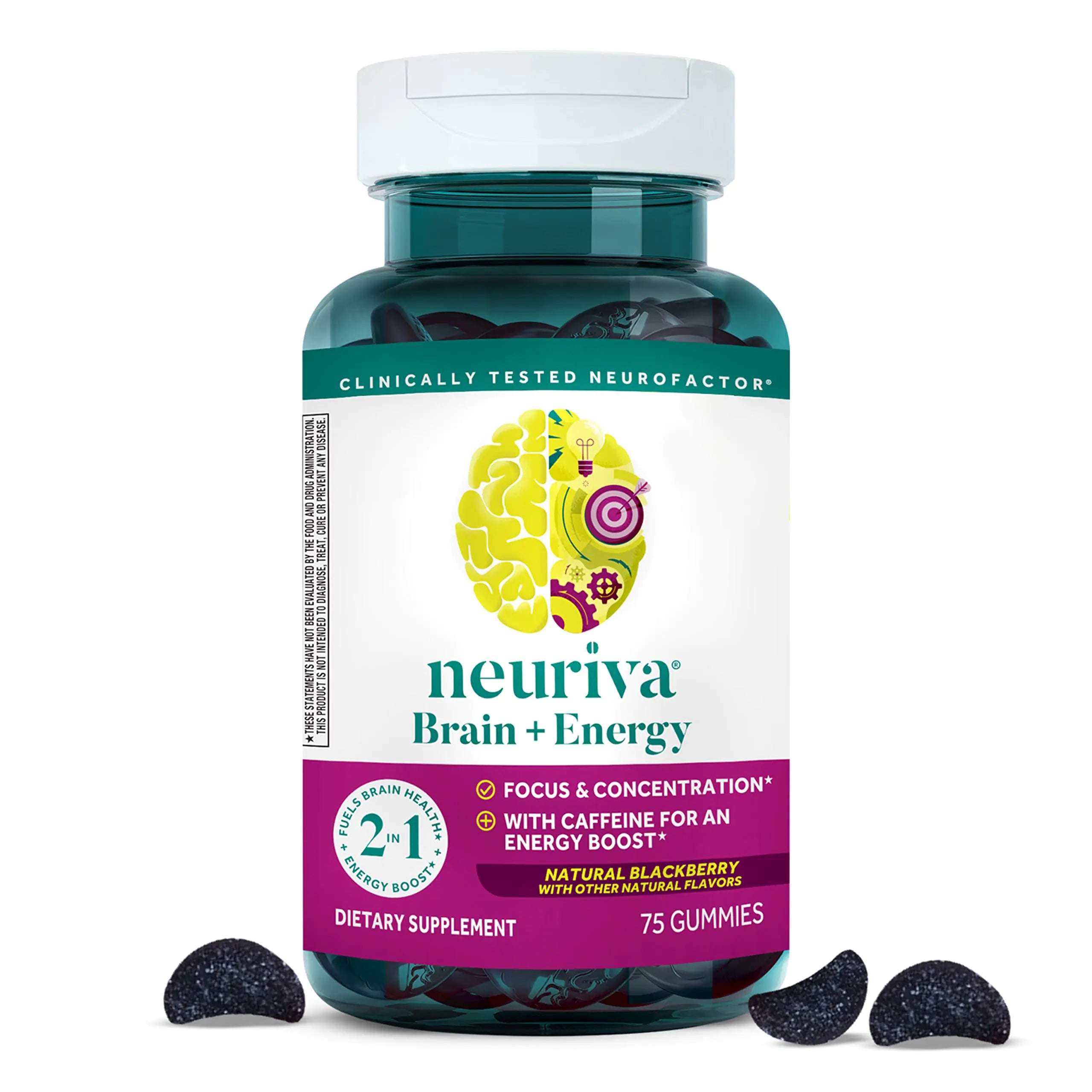 NEURIVA Brain + Energy Gummies Nootropic Brain Supplements for Focus and Concentration with Neurofactor Vitamin B12 & Caffeine for an Energy Boost* 75ct Natural BlackBerry